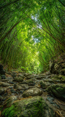 Discovering a serene bamboo grove with towering plants and rocky paths under soft sunlight in nature's calm embrace