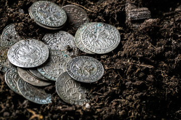 Ancient coins of the Polish King Sigismund III Vasa.A hoard of medieval European gold and silver coins.Numismatics.Collection of old coins.Antikvariat. © bukhta79