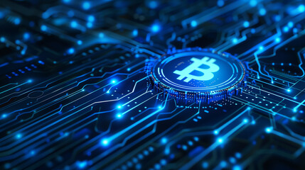 Abstract design showcases glowing blockchain elements with a focus on e-commerce payment systems. Bright blue circuits symbolize digital transactions and cryptocurrency integration