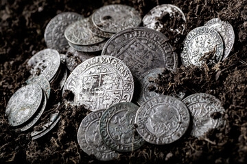 Ancient coins of the Polish King Sigismund III Vasa.A hoard of medieval European gold and silver coins.Numismatics.Collection of old coins.Antikvariat. © bukhta79