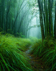 Obraz premium Lush green bamboo forest with mist and vibrant grass in early morning light
