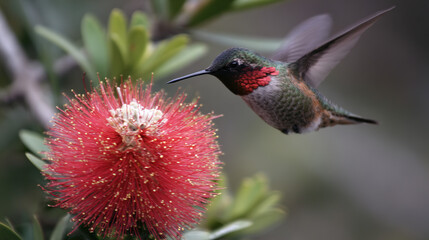 Fototapeta premium hummingbird. A hummingbird hovers near a red flower, its wings moving fast against a green background. wildlife magazines, conservation campaigns, designed for nature documentaries and education. 