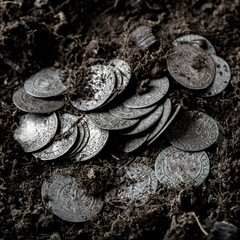 Ancient coins of the Polish King Sigismund III Vasa.A hoard of medieval European gold and silver coins.Numismatics.Collection of old coins.Antikvariat. © bukhta79
