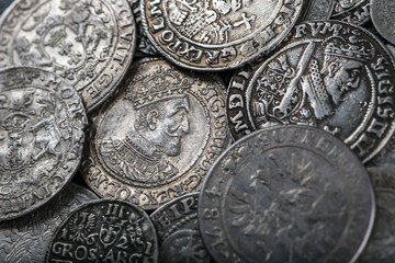 Ancient coins of the Polish King Sigismund III Vasa.A hoard of medieval European gold and silver coins.Numismatics.Collection of old coins.Antikvariat. © bukhta79