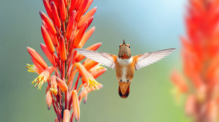 hummingbird. A hummingbird hovers near a red flower, its wings moving fast against a green background. wildlife magazines, conservation campaigns, designed for nature documentaries and education.