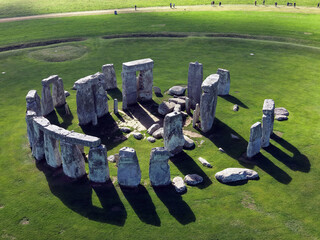 Drone view of Stonehenge and Wiltshire Countryside in England, UK. The stone circle dates to 3000 BC and is one of the best known ancient wonders of the world and UNESCO World Heritage Site.