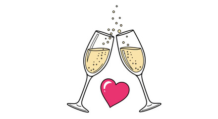 Hand-drawn illustration of two champagne flutes clinking together with sparkling bubbles and a pink heart below, symbolizing celebration and love.
