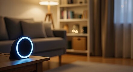 Smart Home Assistant Device Glowing on Coffee Table in Living Room