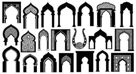 Obraz premium A diverse collection of black silhouettes showcasing various styles of Islamic, Arabic, and Moorish arches.