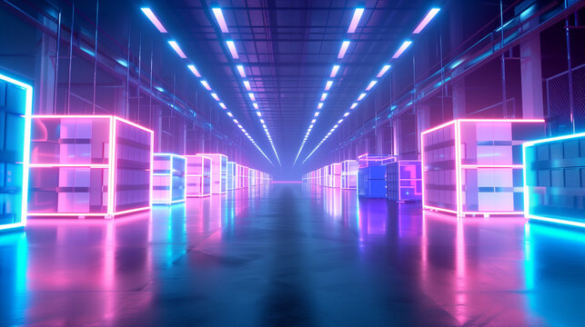 Bright neon lights illuminate a modern warehouse filled with automated storage systems. The glowing colors create a futuristic atmosphere, enhancing efficiency and organization
