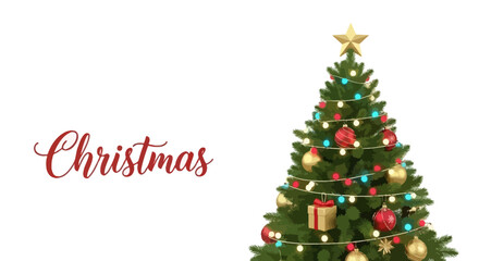 A vector illustration of a festive Christmas tree card with ornaments and lights, white background