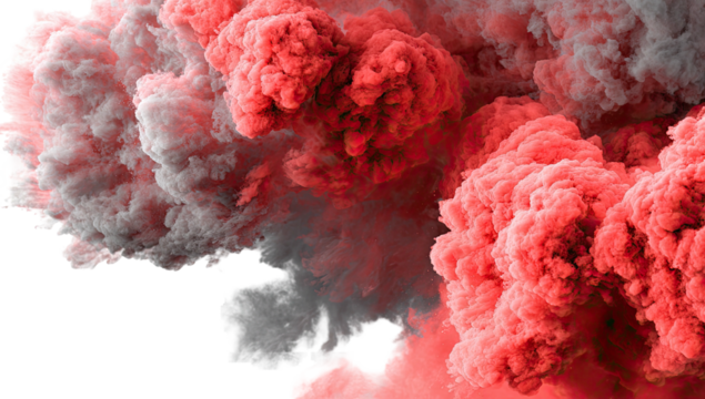 Rendered, abstract cloud of smoke, transitions from gray to vibrant red hues against black