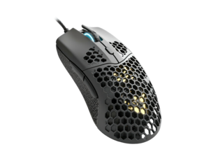 Top-down perspective of a dark-colored, wired computer peripheral with honeycomb shell