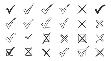 A vector illustration collection of hand-drawn check marks and cross symbols, white background