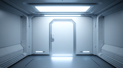 decontamination. An airlock door closing with faint mist in a pristine white isolation chamber. product launch decks, UI/UX mockups, designed for data visualization dashboards and holographic UIs.
