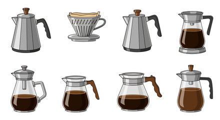 A vector illustration showcasing various coffee brewing methods and accessories in a doodle style, white background