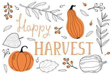Hand-Drawn Happy Harvest Lettering with Leaves and Pumpkins. Vector illustration.