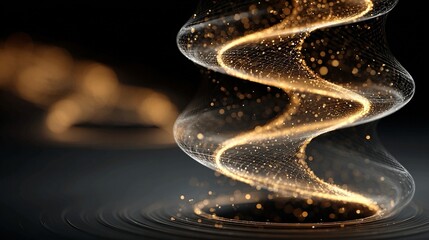 Abstract golden energy spirals rising through layered transparent planes, illustrating dynamic business models evolving through technology, sustainability, and long-term profitable growth strategies.