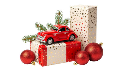 Red toy car on gift boxes with Christmas ornaments and evergreen sprig