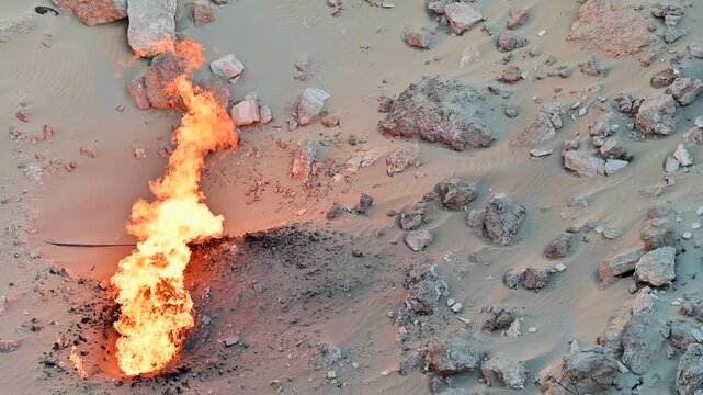 Day time view of fire in the Darvaza Gas Crater in Turkmenistan