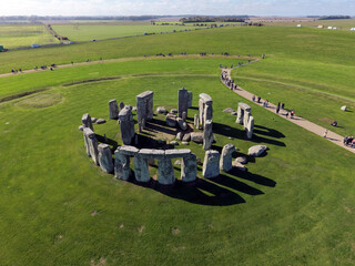 Drone view of Stonehenge and Wiltshire Countryside in England, UK. The stone circle dates to 3000 BC and is one of the best known ancient wonders of the world and UNESCO World Heritage Site.
