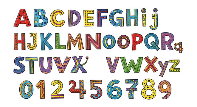 A vector illustration of a colorful alphabet and numbers in a playful, hand-drawn style, white background - Powered by Adobe