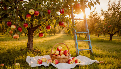 Fresh apples in wicker basket under tree at golden hour in sunny orchard