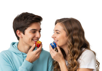 Two Smiling People Holding Small Gift Boxes on White Background