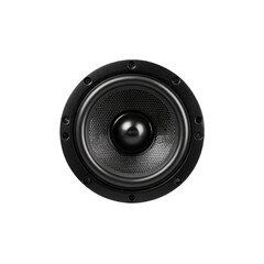A close-up shot of a single, black speaker against a solid, black background