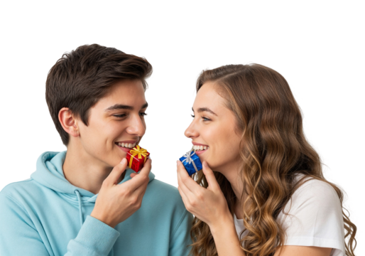 Two Smiling People Holding Small Gift Boxes on White Background