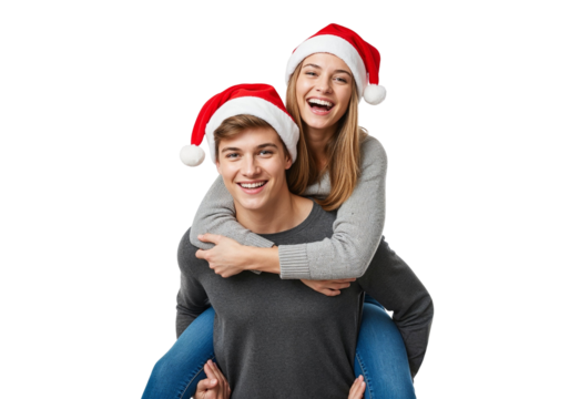 Two People in Santa Hats Enjoying Piggyback Ride on White Background