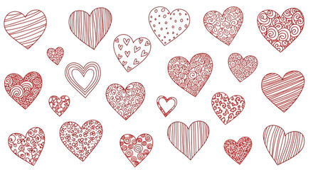 A vector illustration of assorted hand-drawn style hearts in various red line patterns, white background