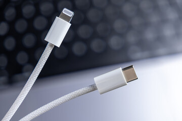 Modern white braided charging cables featuring both Lightning and USB-C connectors, providing essential power and data transfer for diverse electronic devices