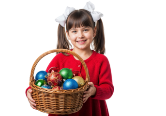 Smiling Child in Red Dress Holding Basket of Christmas Ornaments