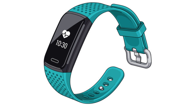 Teal Fitness Tracker with Heart Rate Monitor Display and Silver Buckle on Clean White Background