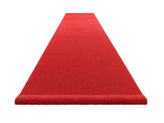 Vivid red carpet unfurls from a curled end, leading toward a distant point against black