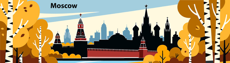 Fototapeta premium Kremlin silhouette illustration in flat style with autumn colors and trees