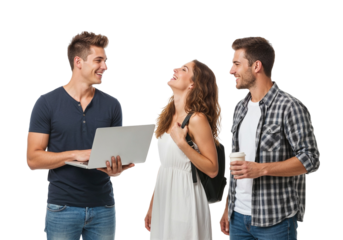 Students sharing ideas with laptop and coffee in casual setting