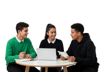 Students collaborating around laptop with notes and discussion