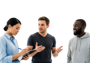 Team discussion with clipboard notes and expressive gestures