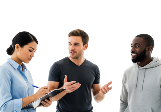 Team discussion with clipboard notes and expressive gestures