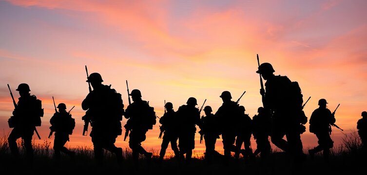 Silhouettes of weary soldiers marching at dusk, conveying sadness and weariness,  marching,  honor