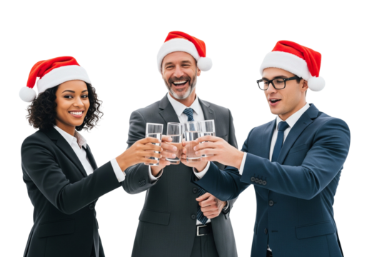Corporate Christmas toast with Santa hats and holiday cheer - Powered by Adobe