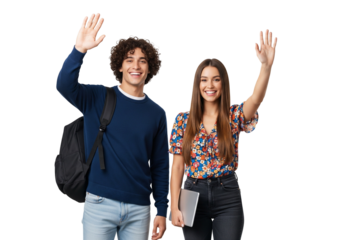 Friendly students waving with backpack and tablet