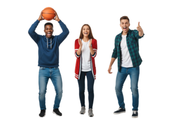 Youth group posing with basketball and cheerful energy