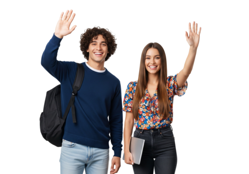 Friendly students waving with backpack and tablet