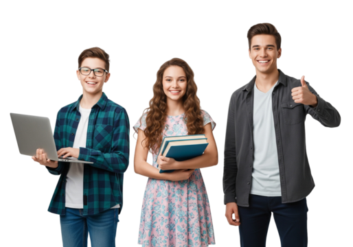 Students with laptop books and thumbs up gesture
