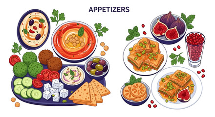 A colorful vector illustration of a Mediterranean appetizer and dessert spread, white background