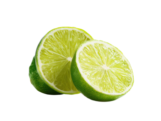 Three citrus lime slices with green rind and juicy interior, isolated on a black background