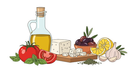 Elegant vector illustration of Mediterranean cuisine ingredients, ideal for menus and designs, white background